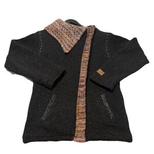 KYBER Outerwear BohoJacket Woman's MED BlackGray Rainbow Wool Zip Up Nepal Cozy